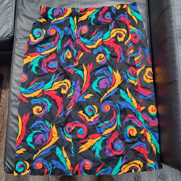 vintage vibrant feather print midi 90s skirt - Picture 3 of 5